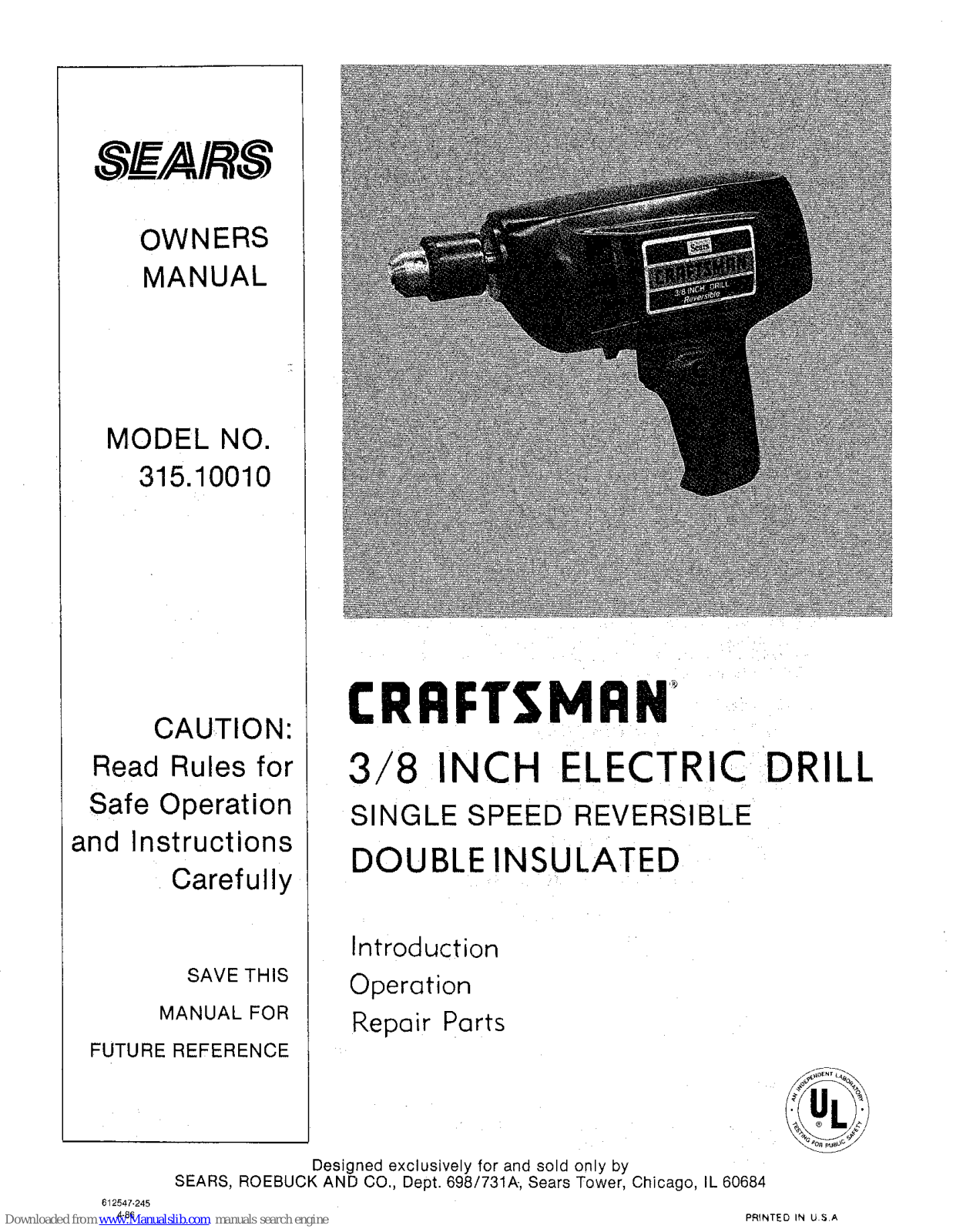 Sears Craftsman 315.10010 Owner's Manual