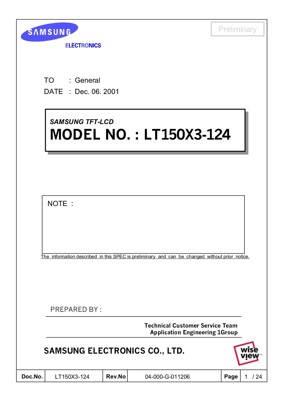 SAMSUNG LT150X3-124 Specification