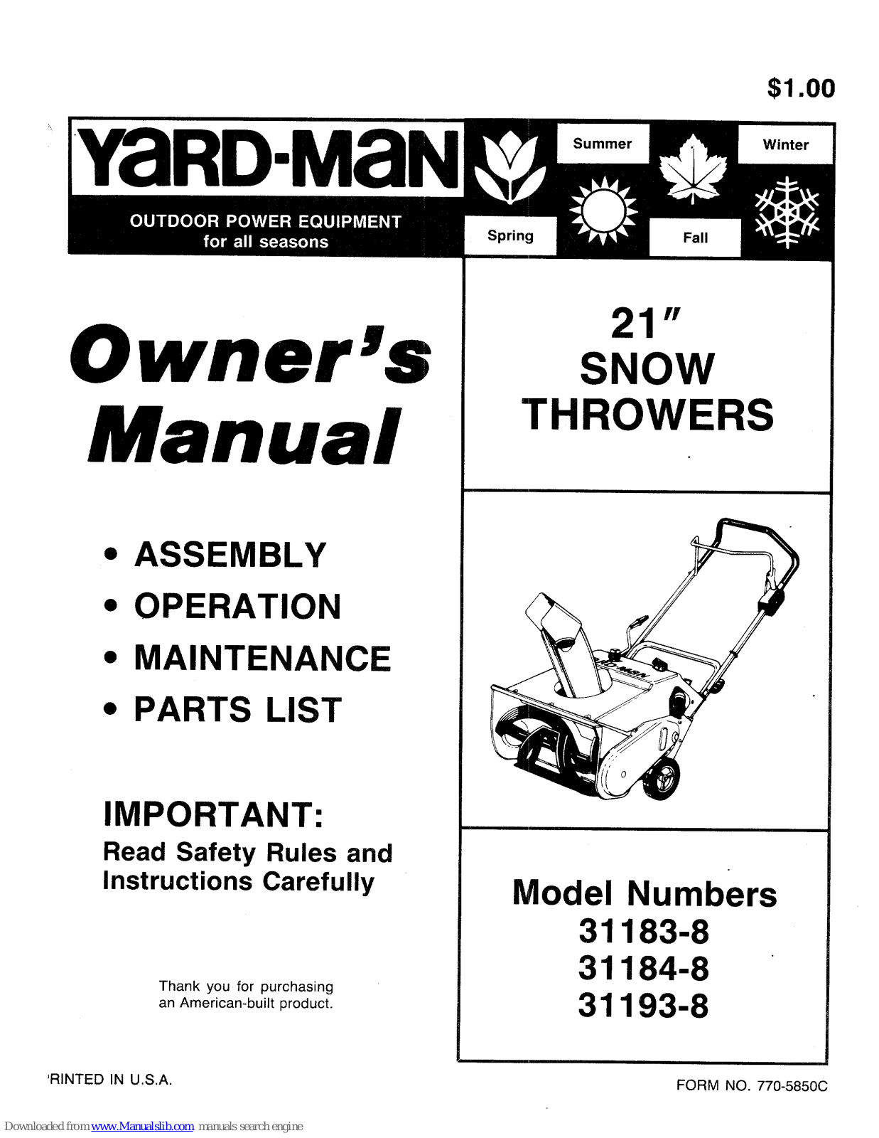 Yard-Man 31183-8, 31184-8, 31193-8 Owner's Manual