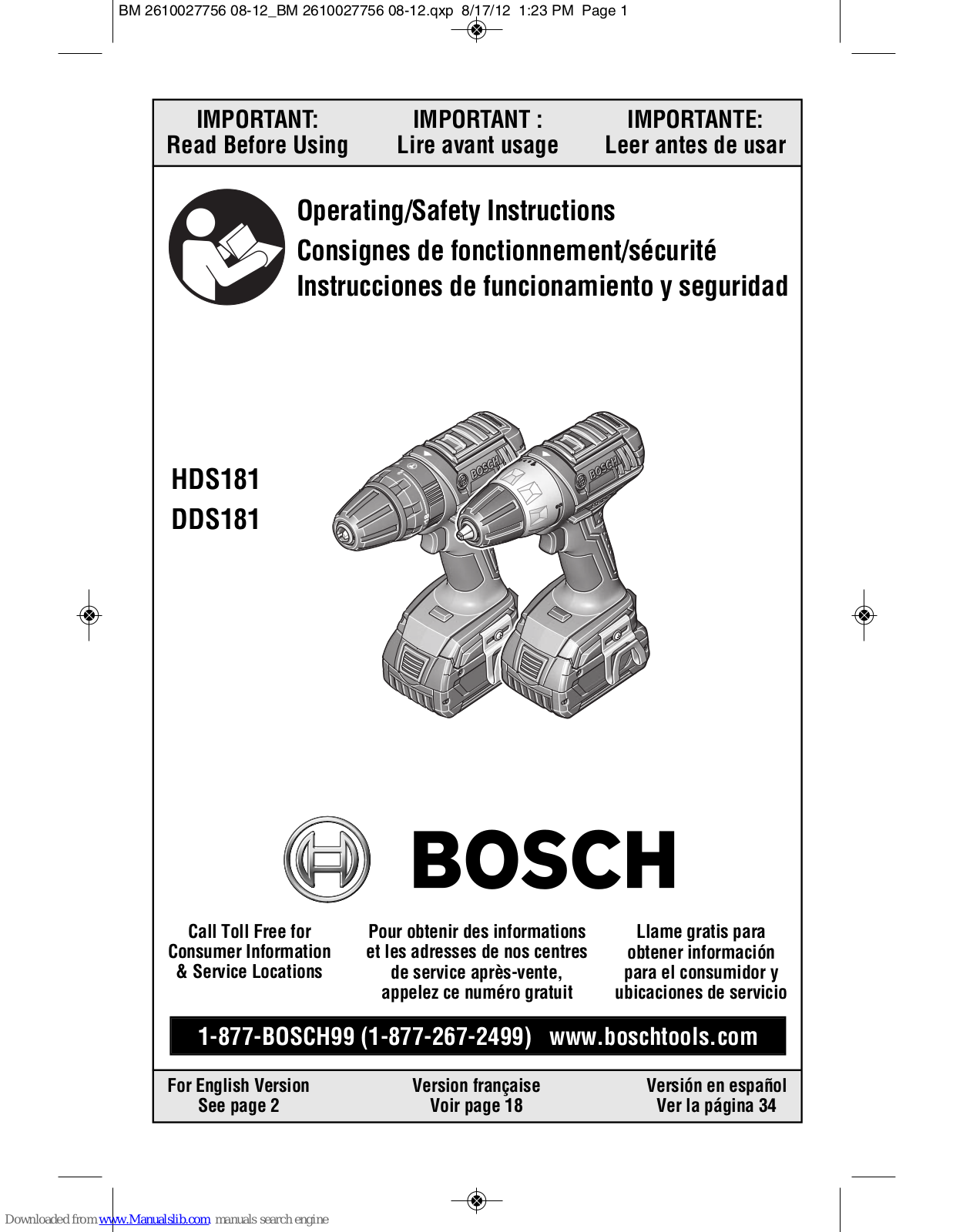 Bosch HDS181, DDS181 Operating/safety Instructions Manual