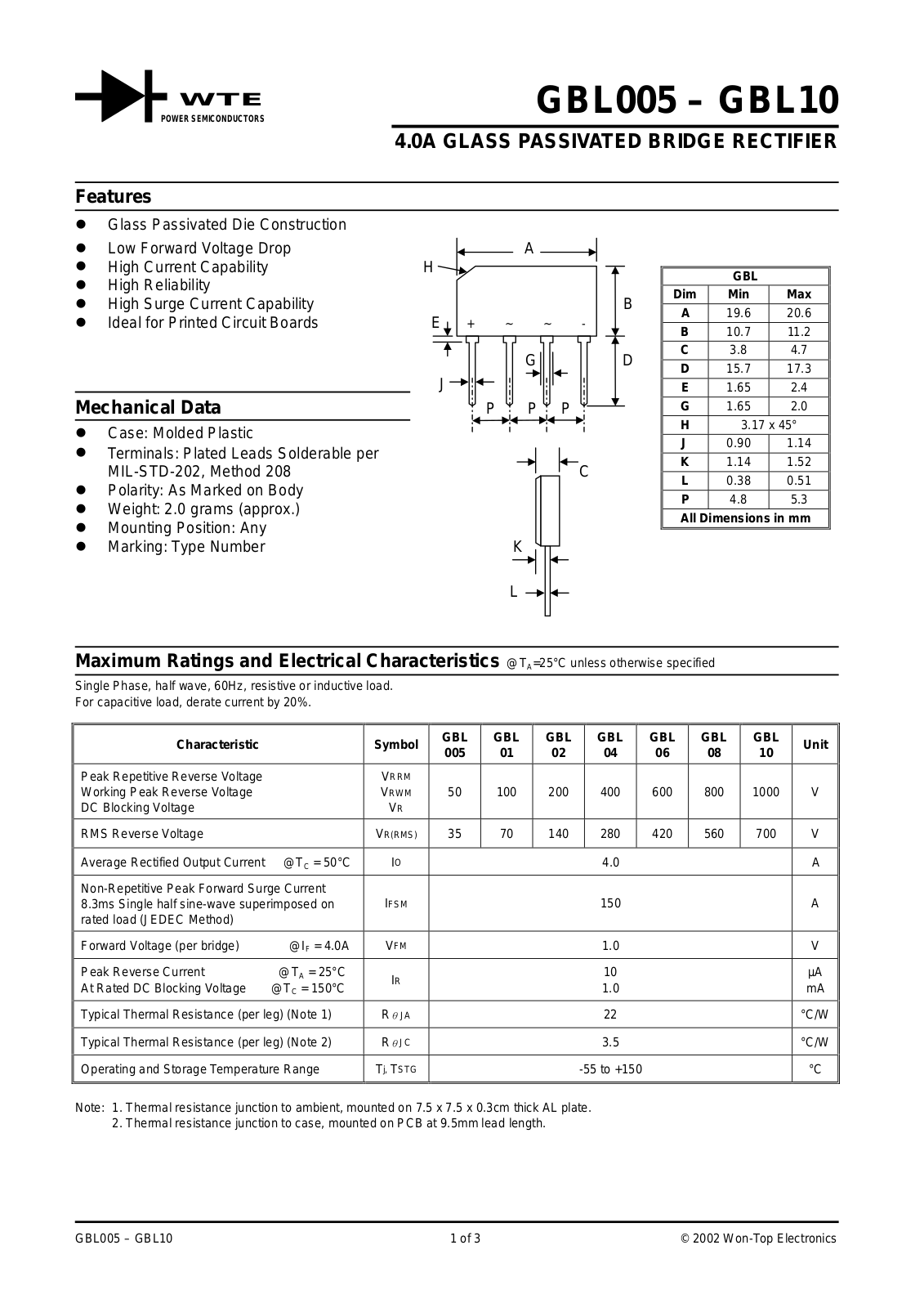 WTE GBL04, GBL02, GBL10, GBL08, GBL06 Datasheet