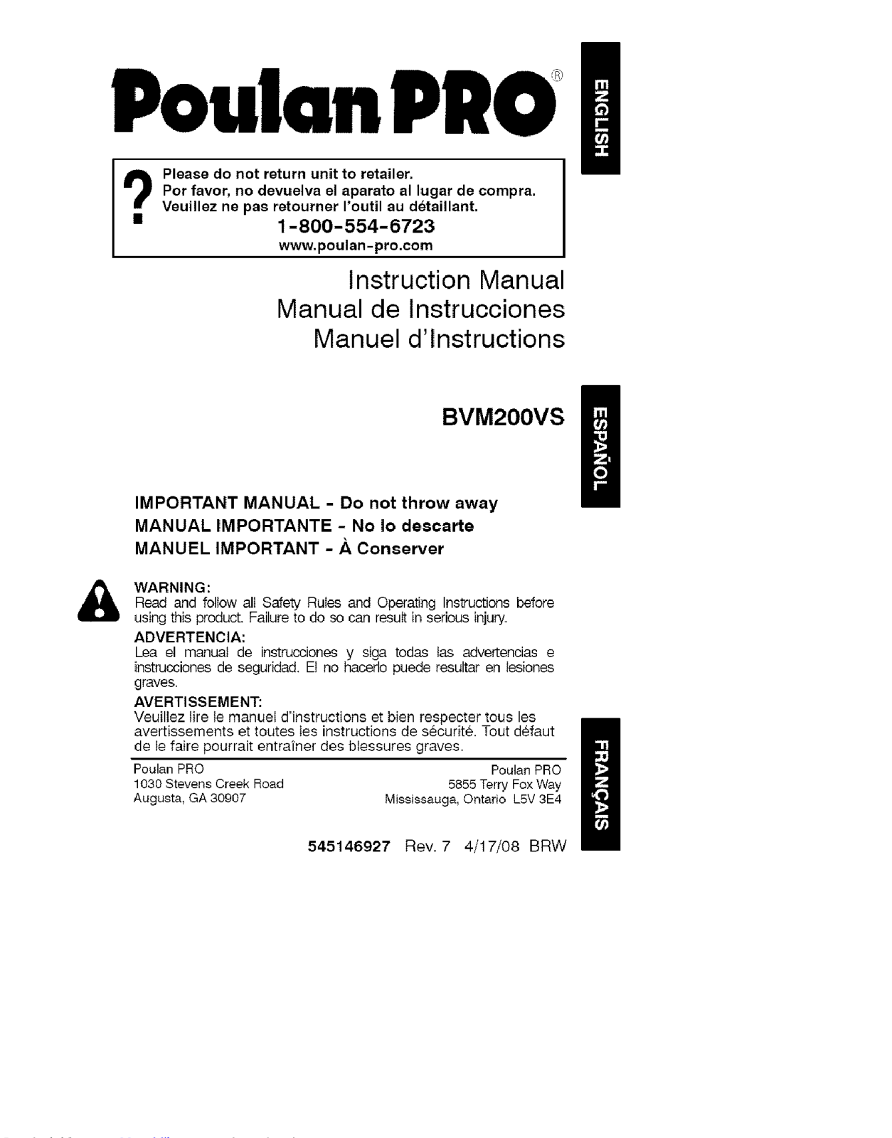 Poulan BVM200VS Instruction Manual