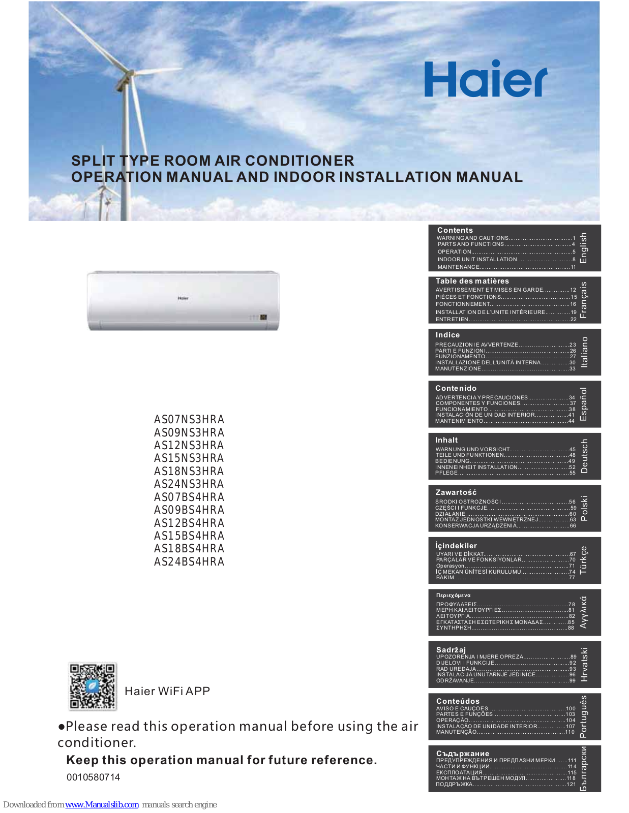 Haier AS09NS3HRA, AS24NS3HRA, AS15NS3HRA, AS18NS3HRA, AS07BS4HRA Operation Manual And Installation Manual