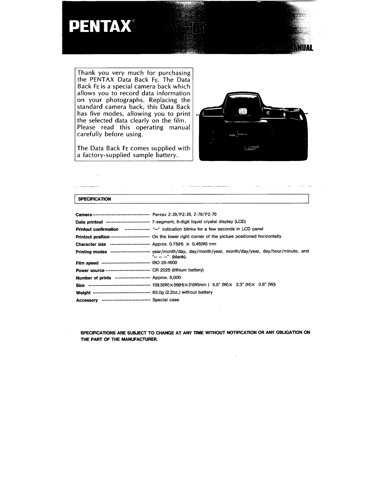 Pentax DATA BACK FE OPERATING MANUAL