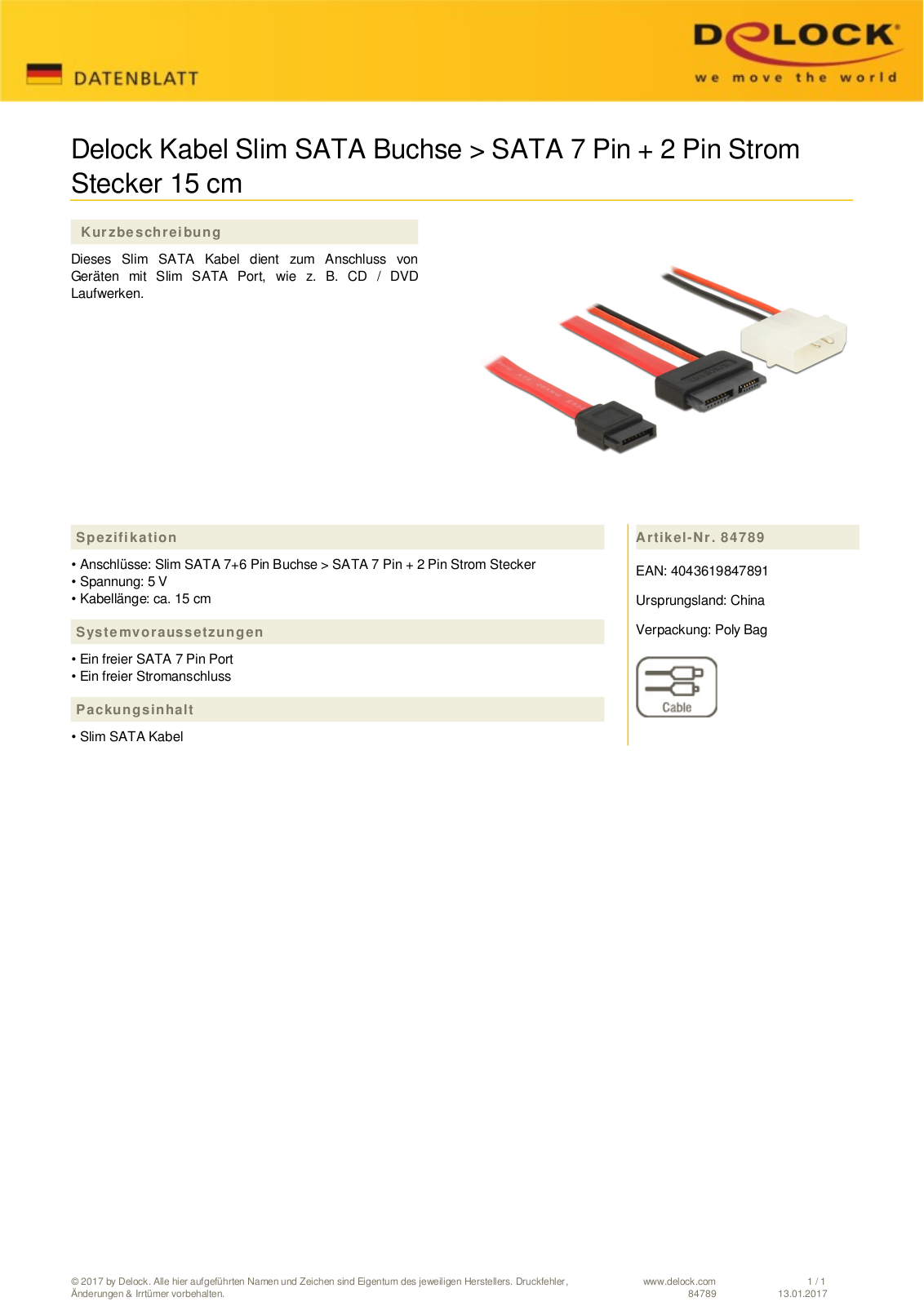 DeLOCK SATA Buchse auf SATA 7-Pin + 2-Pin Strom Stecker Kabel 0.15m User Manual