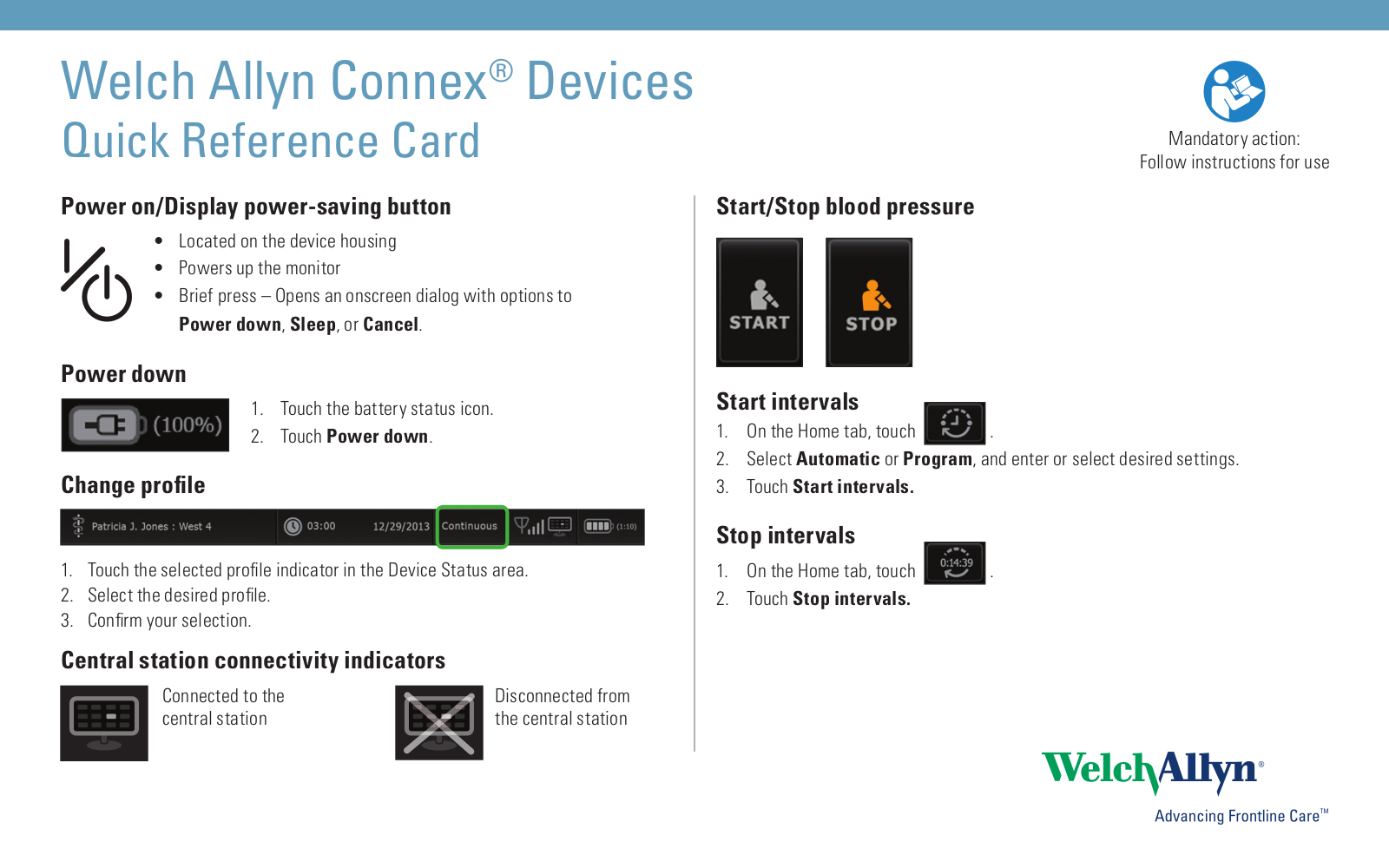 Welch Allyn Connex Quick Reference Card Installation Guide