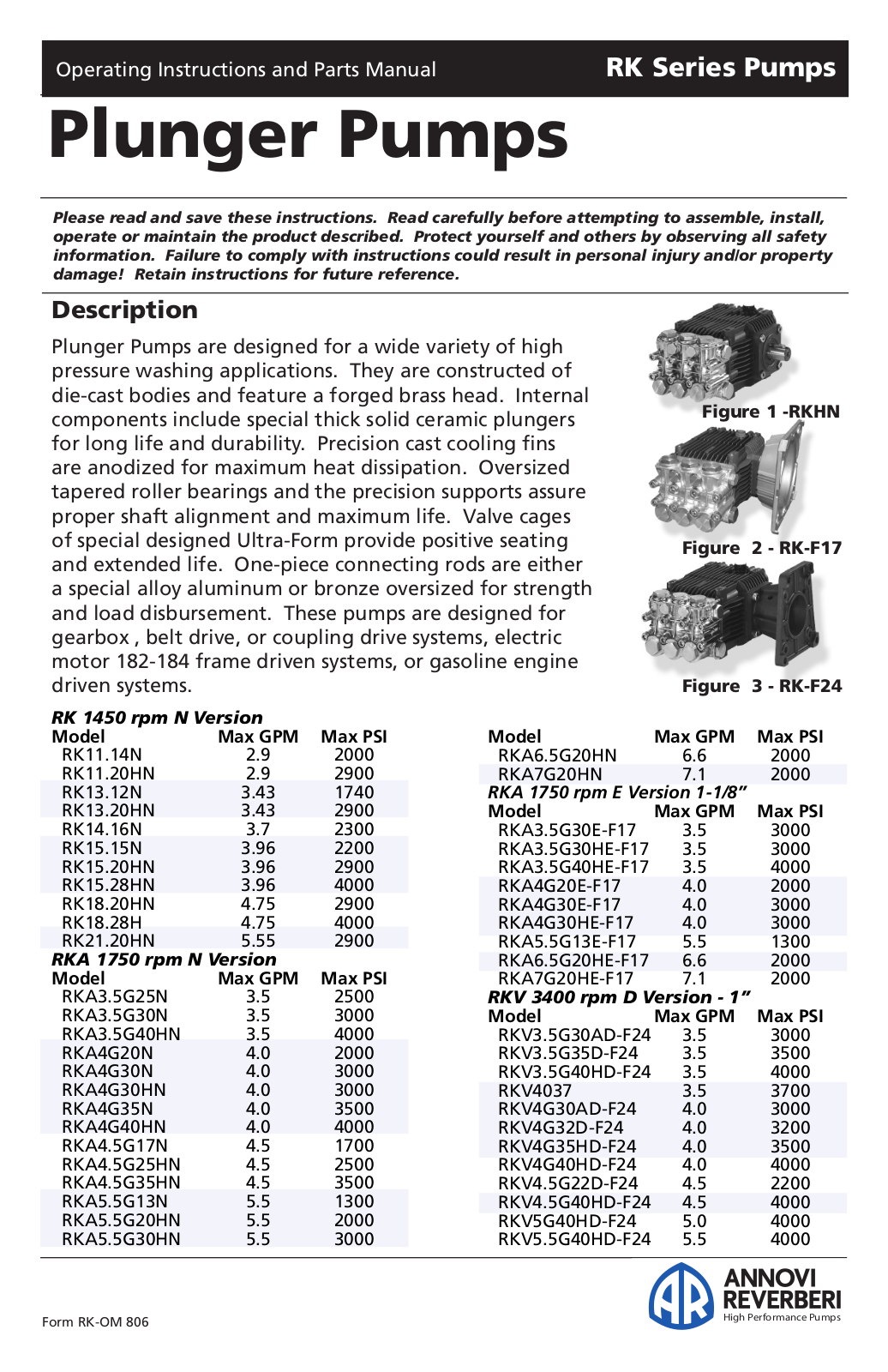 Annovi Reverberi RKV 3400 rpm D, RKA 1750 rpm E, RK 1450 rpm N, Plunger Pumps, RKA 1750 rpm N User Manual