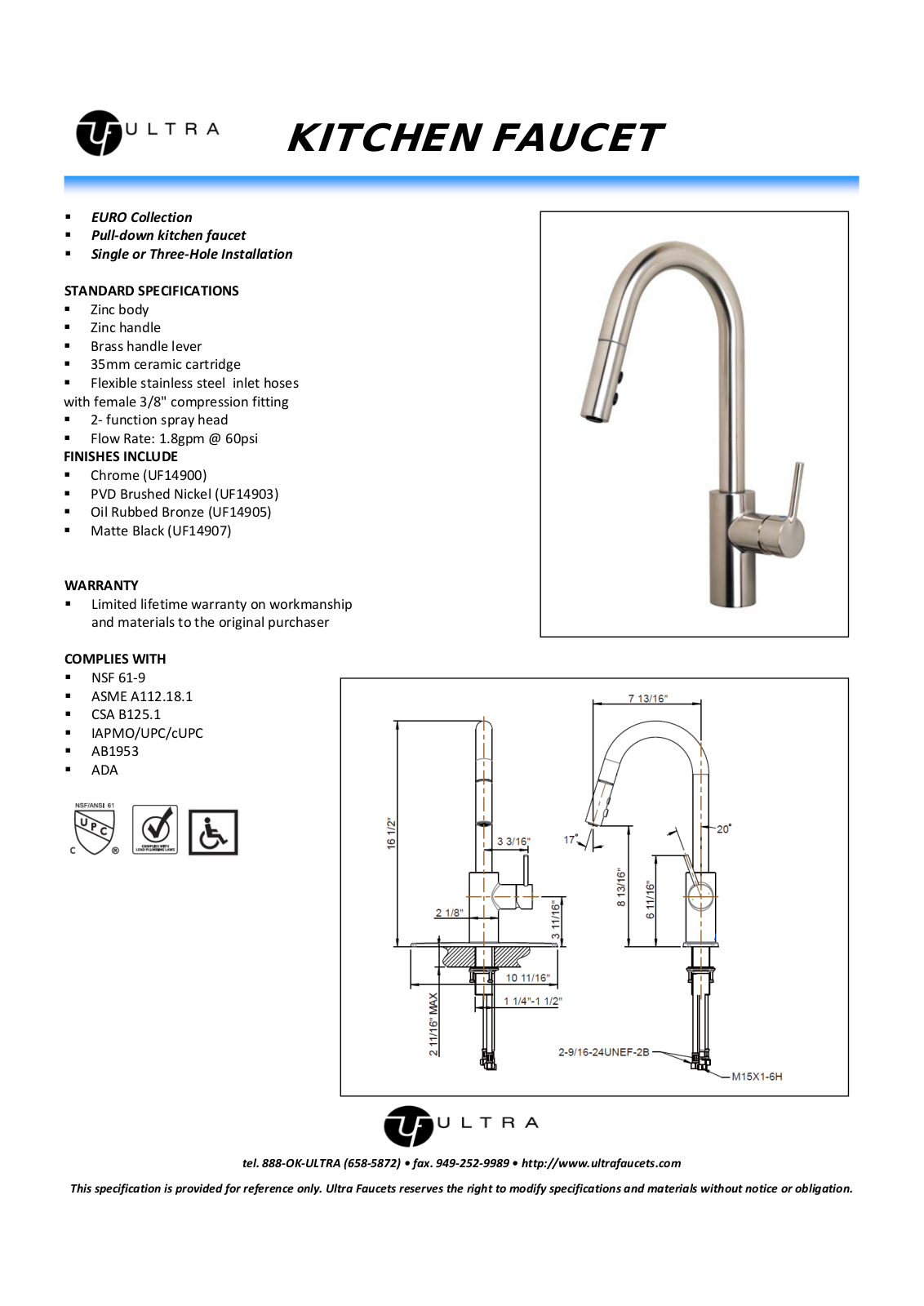 Ultra Faucets LTR10108 Specifications - ManualMachine.com