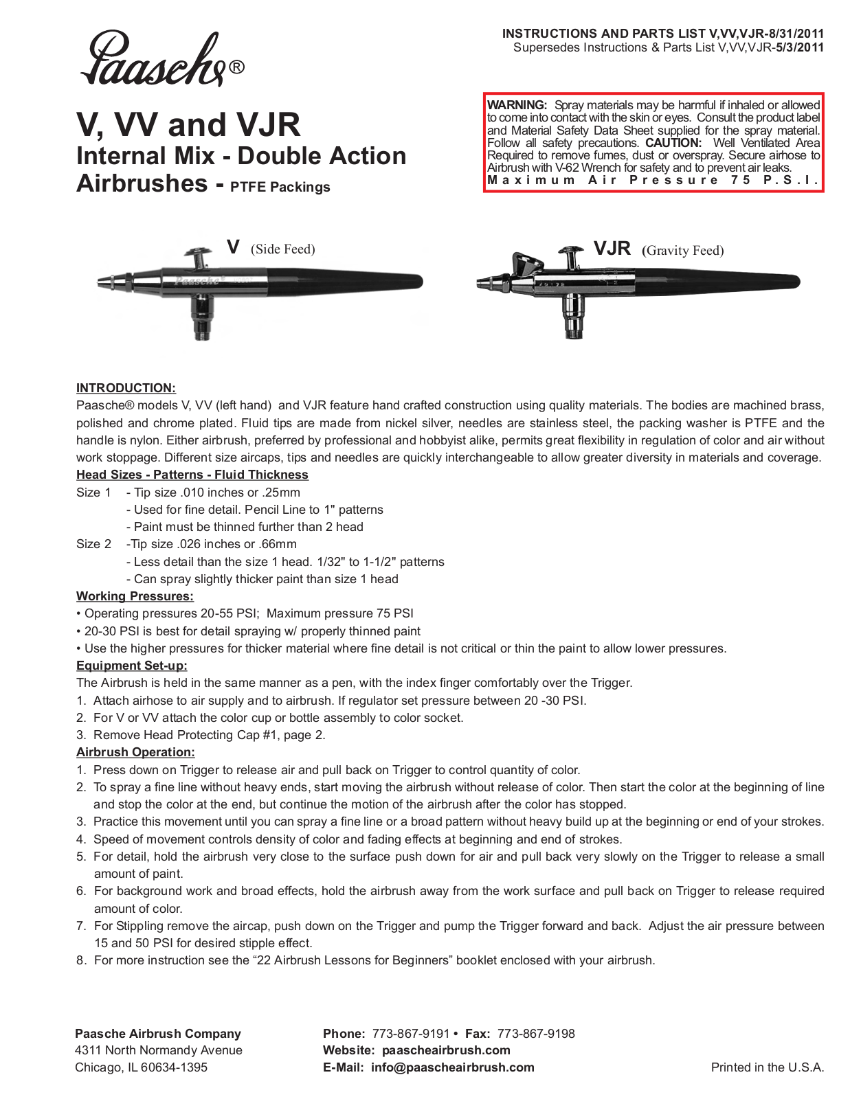 Paasche VJR, VV-PL User Manual