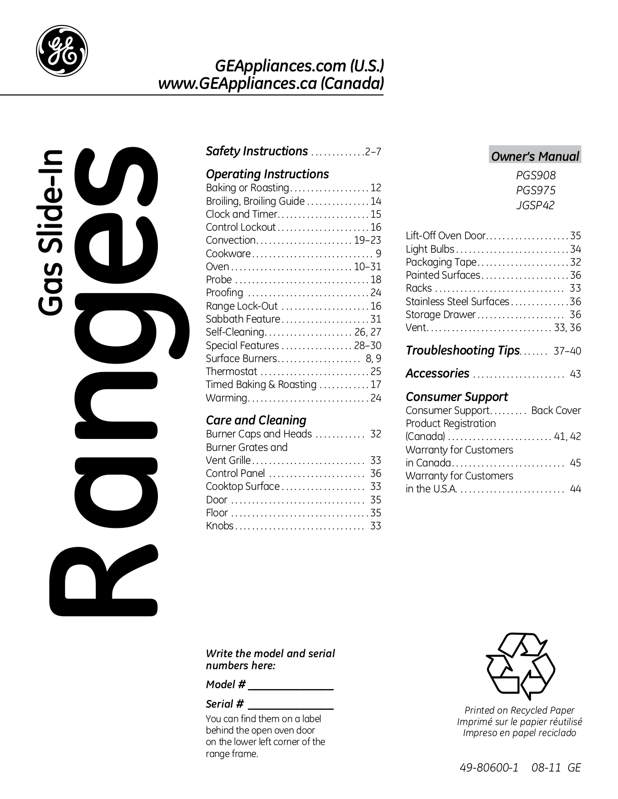 Ge PGS908, PGS975, JGSP42 User Manual