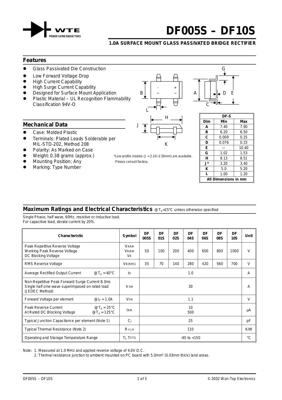 WTE DF10S, DF08S, DF04S, DF06S, DF01S Datasheet