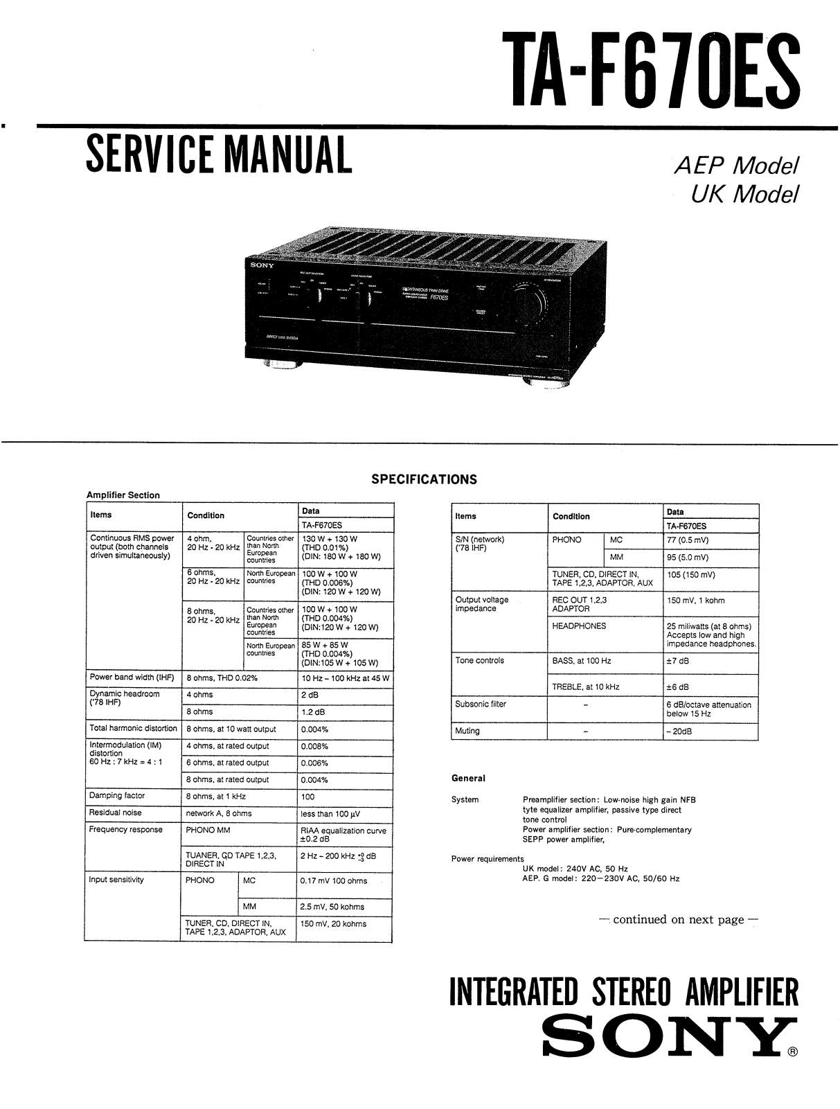 Sony TAF-670-ES, TAFG-70-ES Service manual