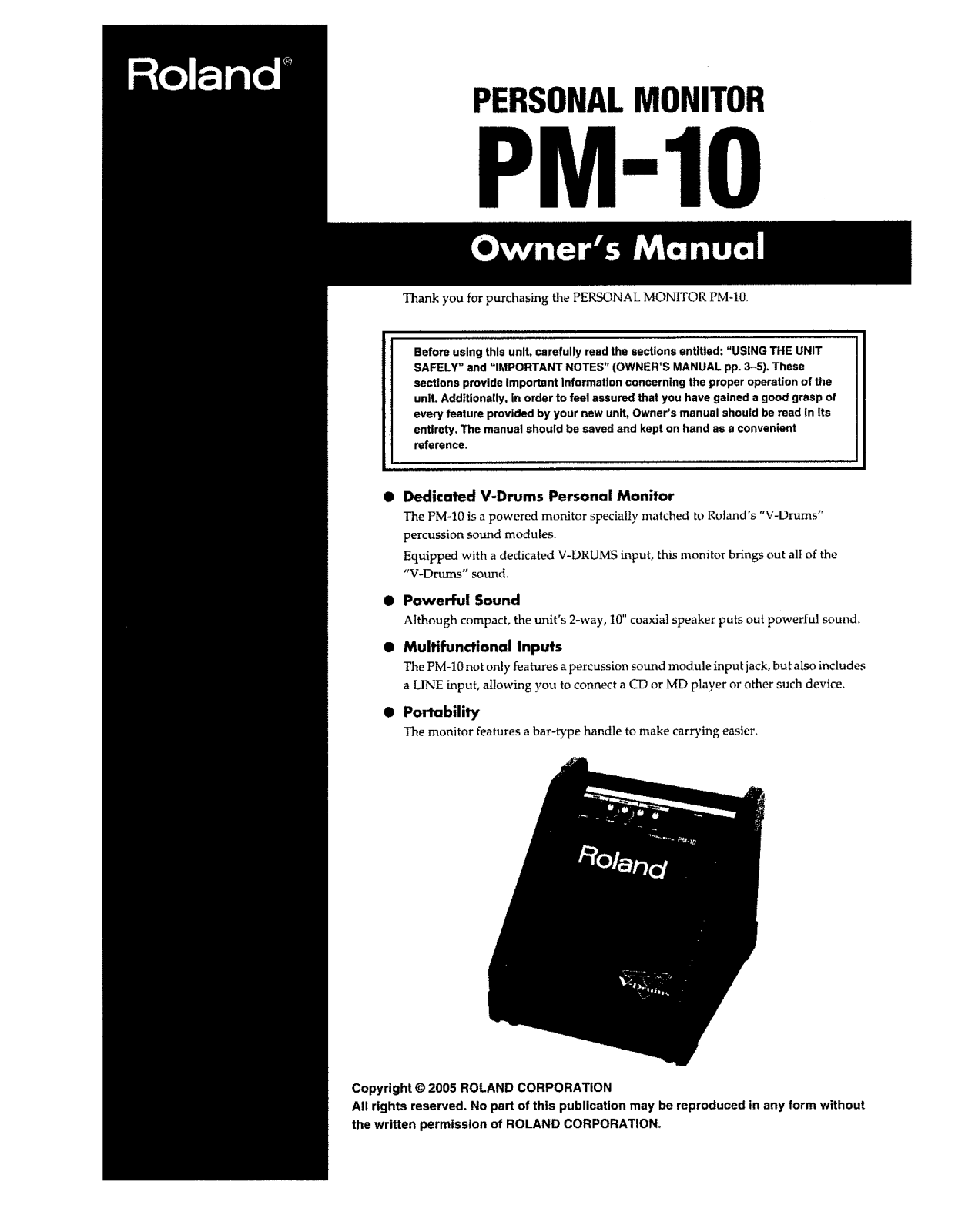 Roland Corporation PM-10 Owner's Manual