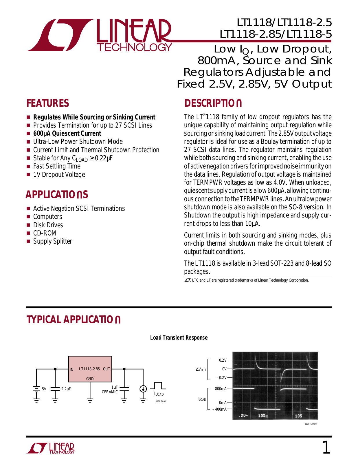 Linear Technology LT1118-2.85, LT1118, LT1118-5, LT1118-2.5 Datasheet