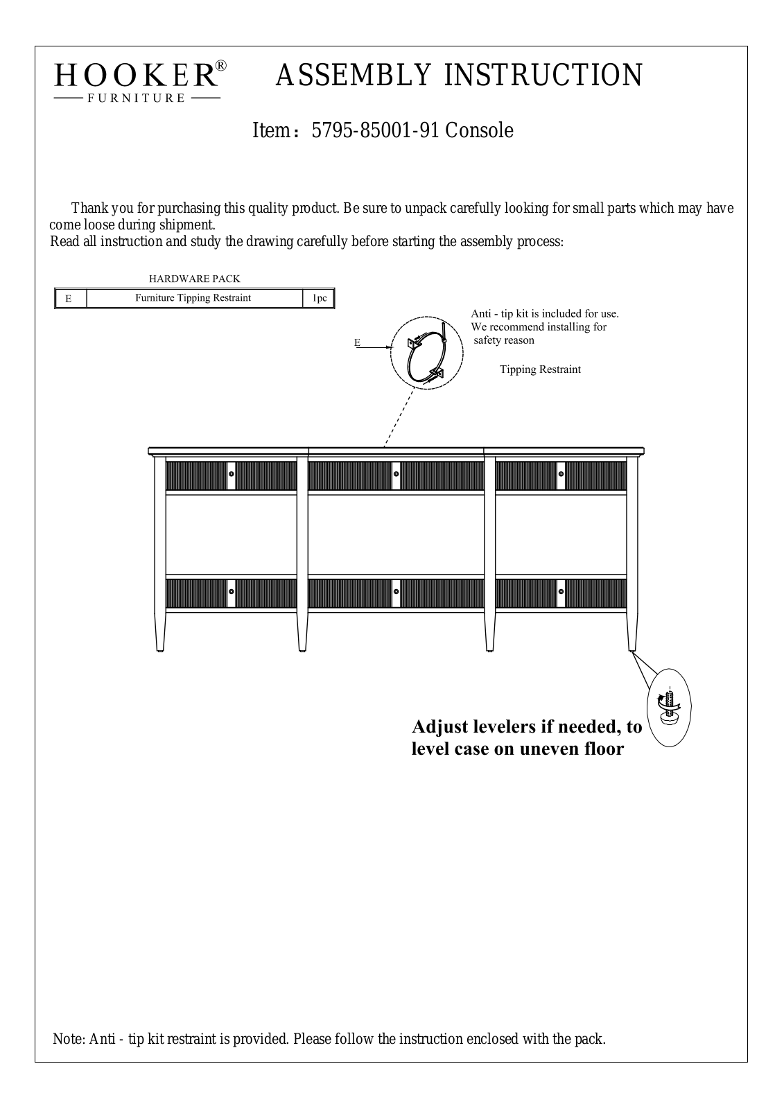 Hooker Furniture 57958500191 Assembly Guide