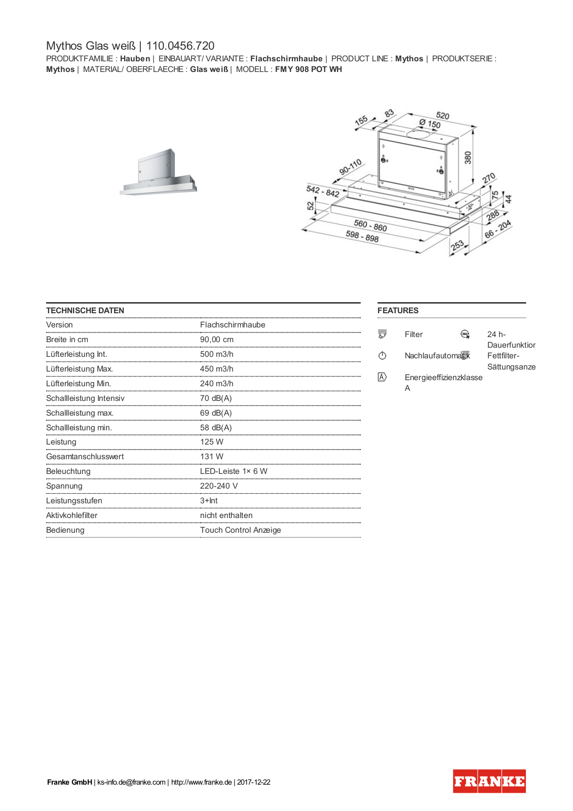 Franke 110.0456.720 Technical data - ManualMachine.com
