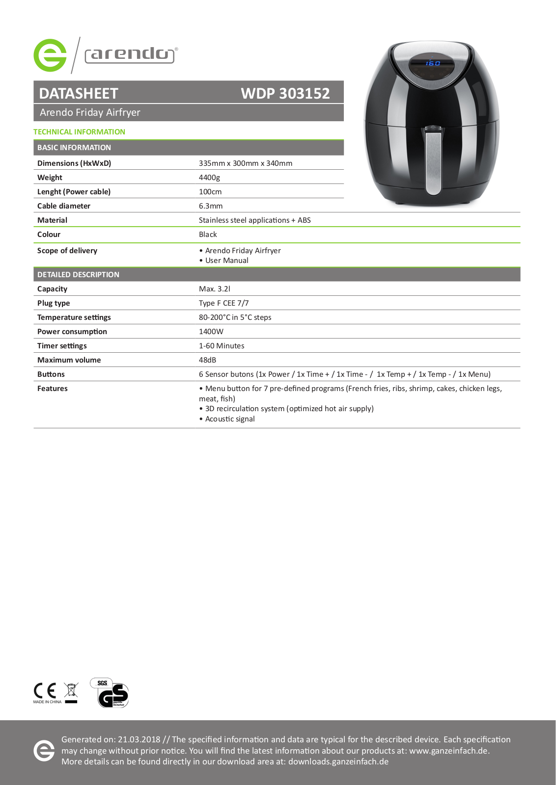 Arendo WDP 303152 data sheet - ManualMachine.com