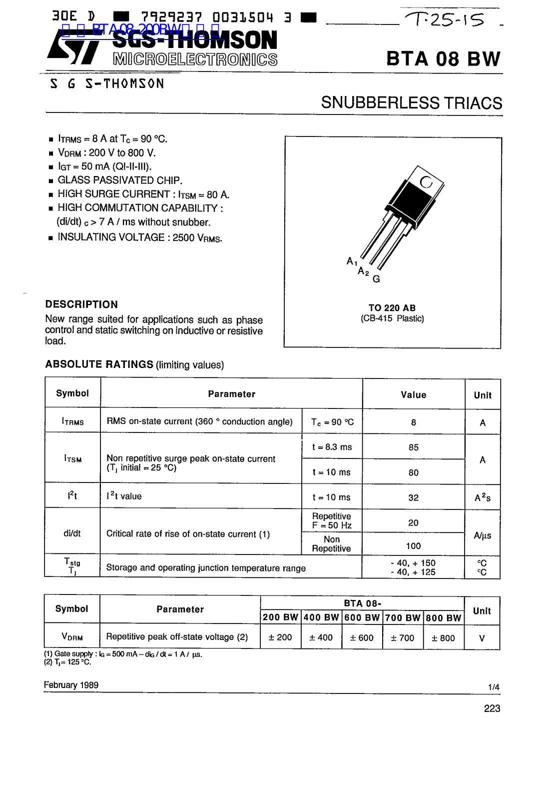 SGS-THOMSON BTA08 BW Technical data