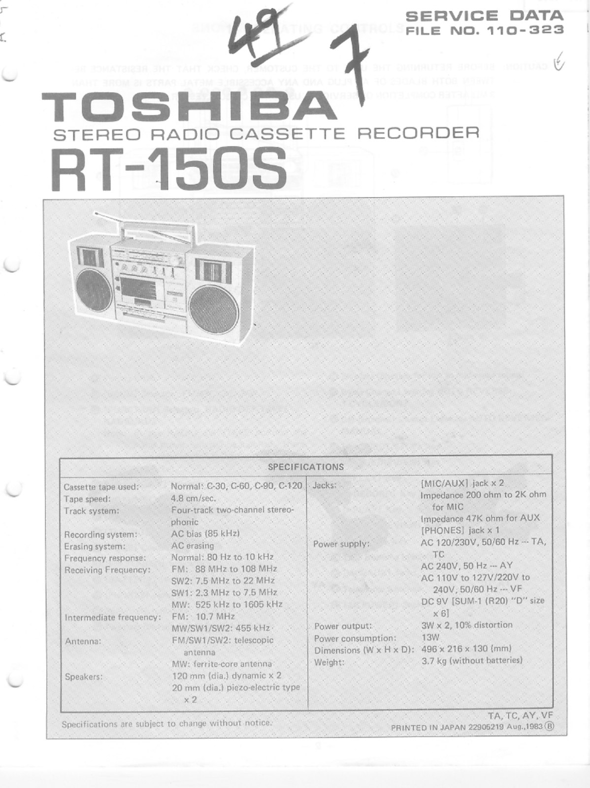 Toshiba RT-150-S Service manual