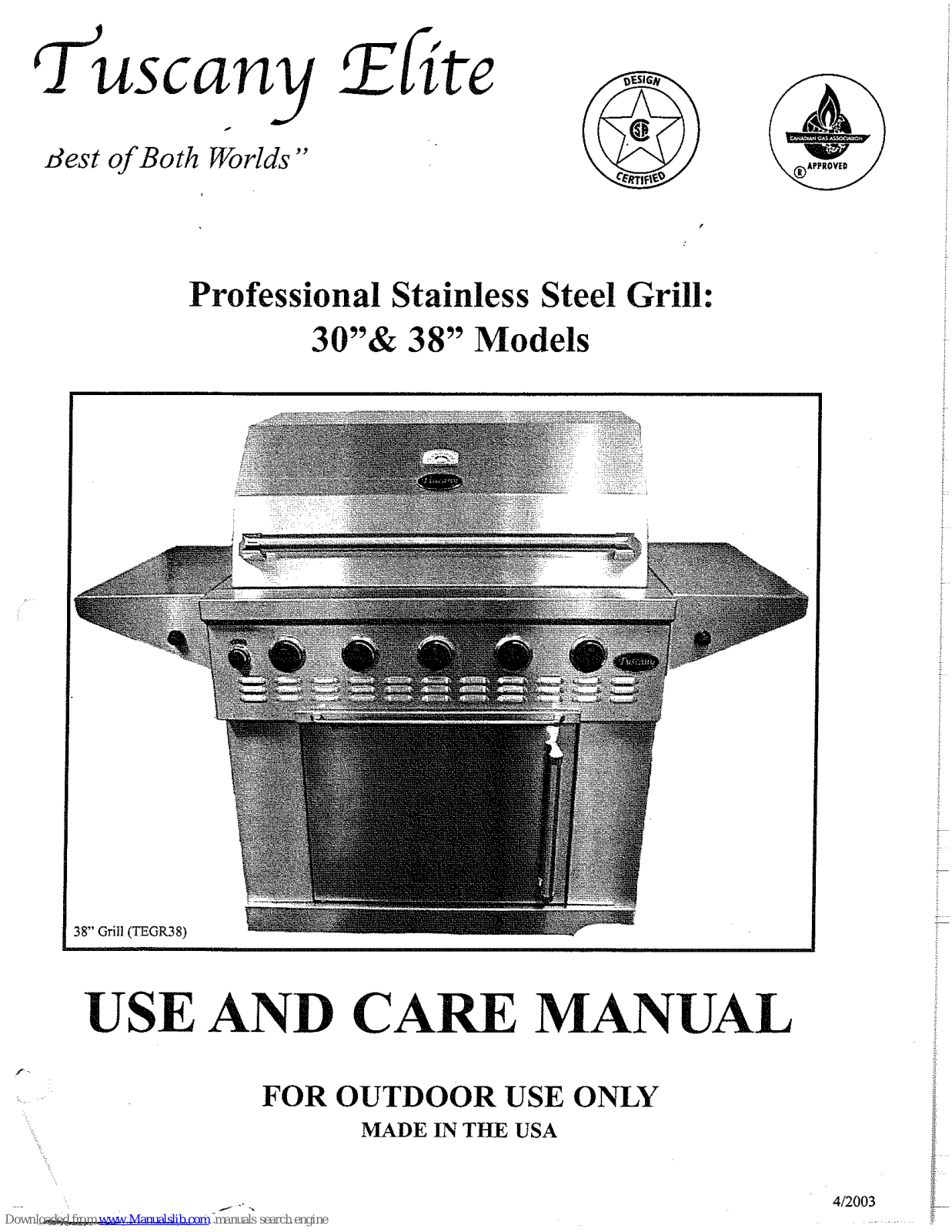 Sure Heat Tuscany Elite TEGR30, Tuscany Elite TEGR38 Use And Care Manual