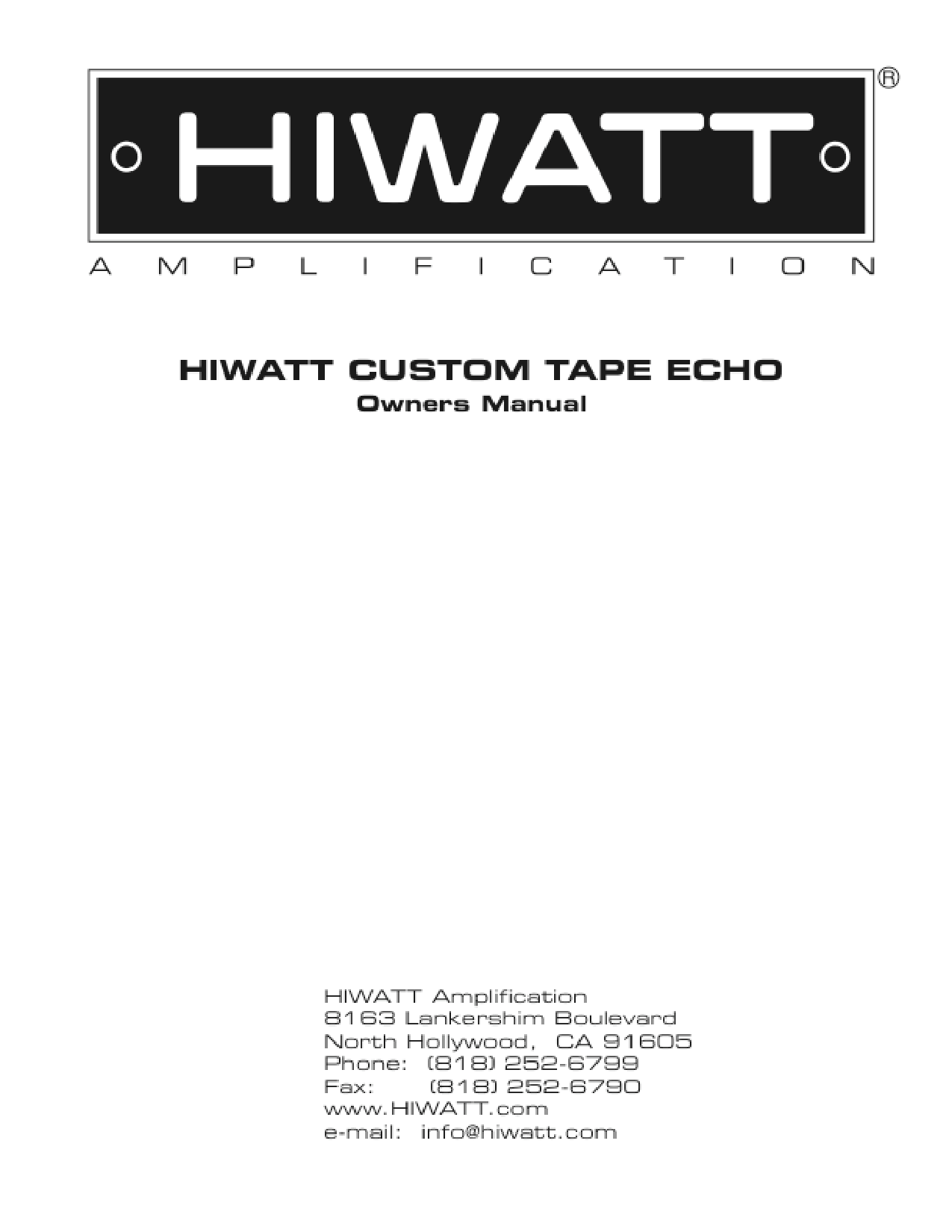 Hiwatt CUSTOM TAPE ECHO User Manual