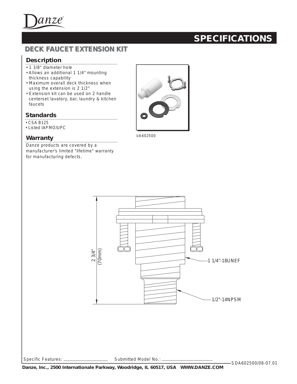 Danze D602500 Specs