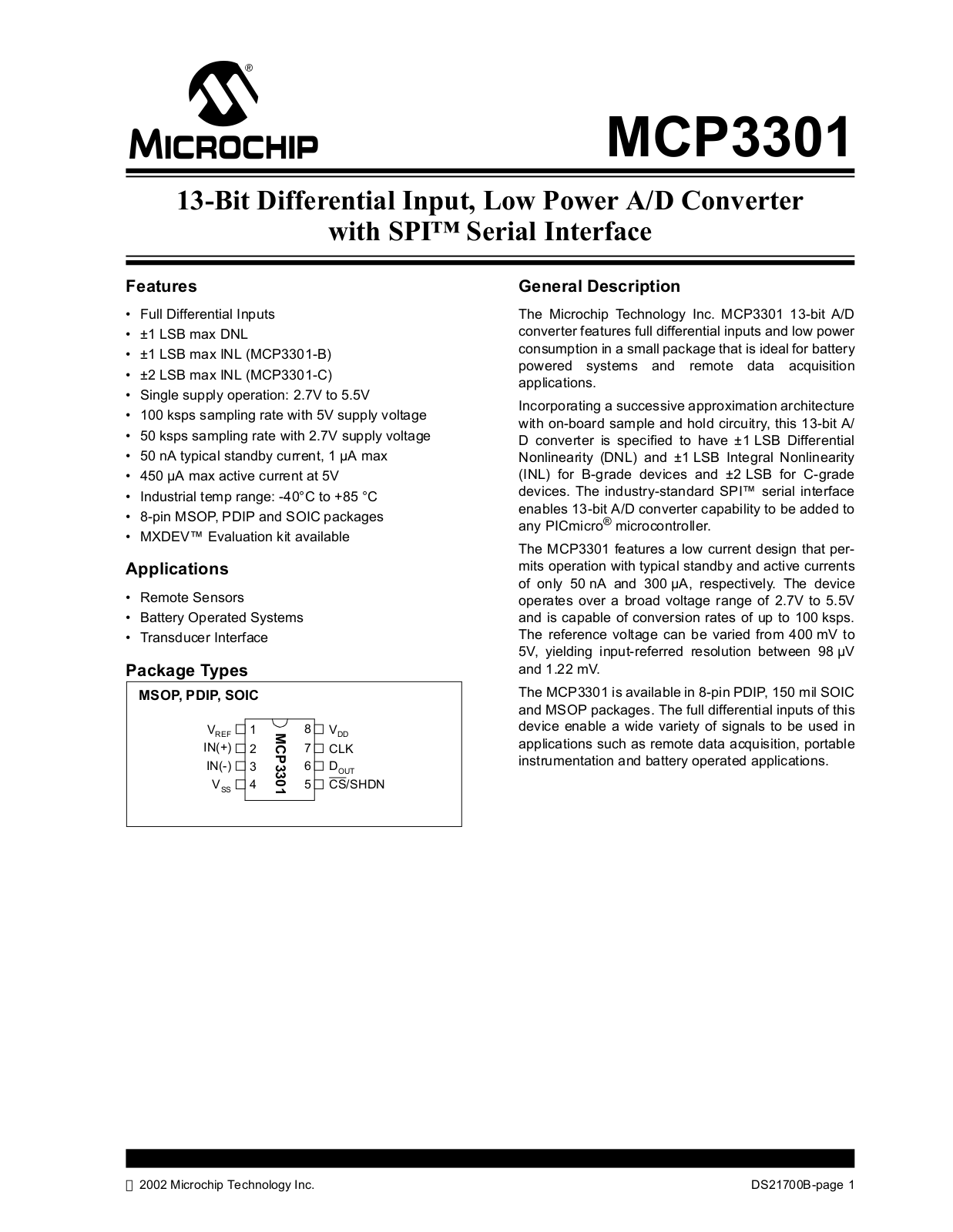 MICROCHIP MCP3301 Technical data