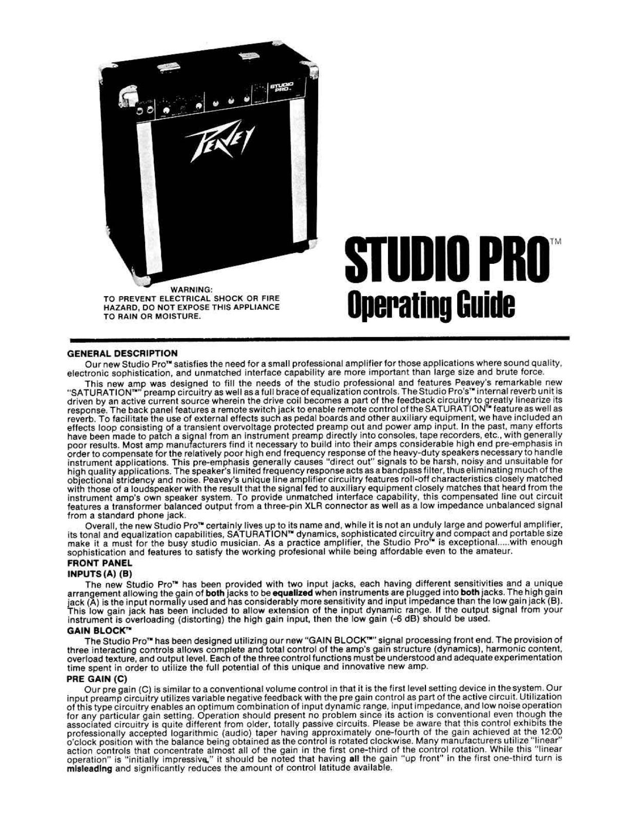 Peavey STUDIO PRO Operating guide