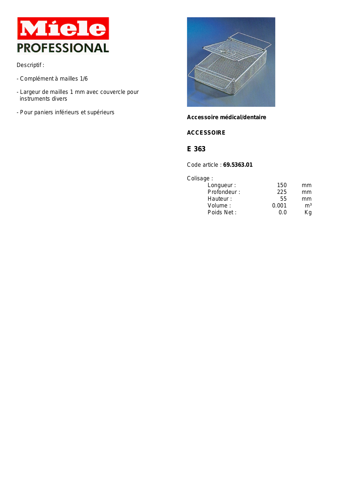 MIELE E 363 DESCRIPTIF User Manual