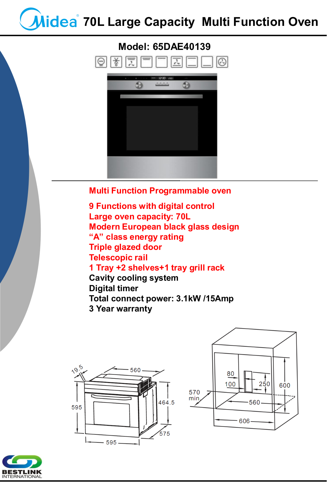 Midea 65DAE40139 Specifications Sheet