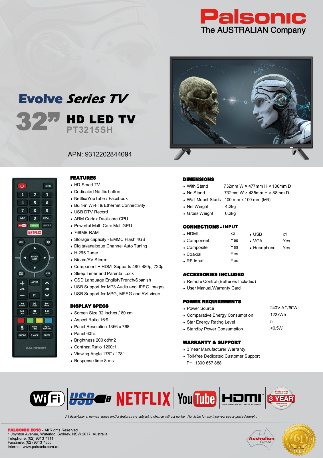 Palsonic PT3215SH Specifications Sheet