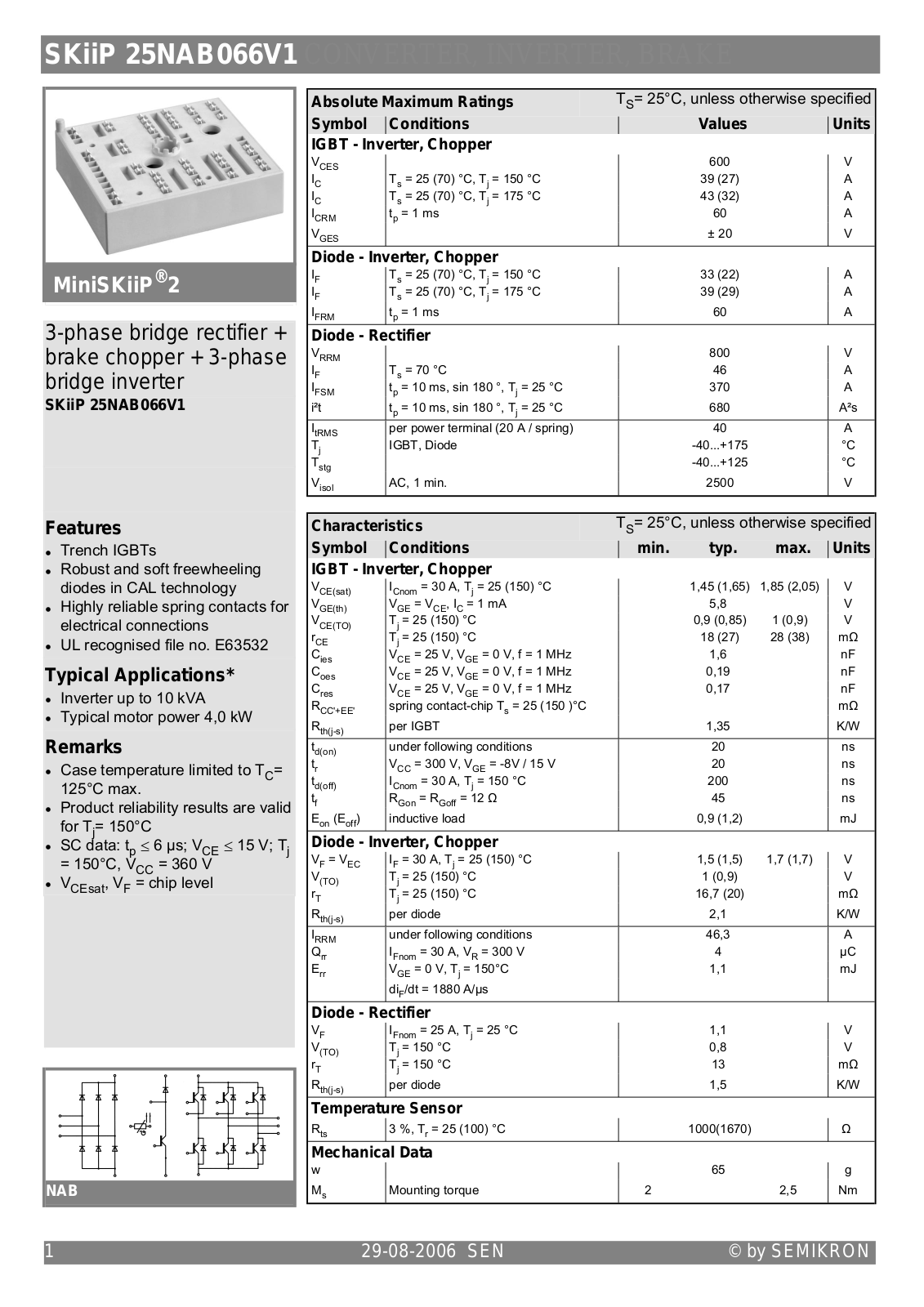 Semikron SKIIP25NAB066V1 Data Sheet