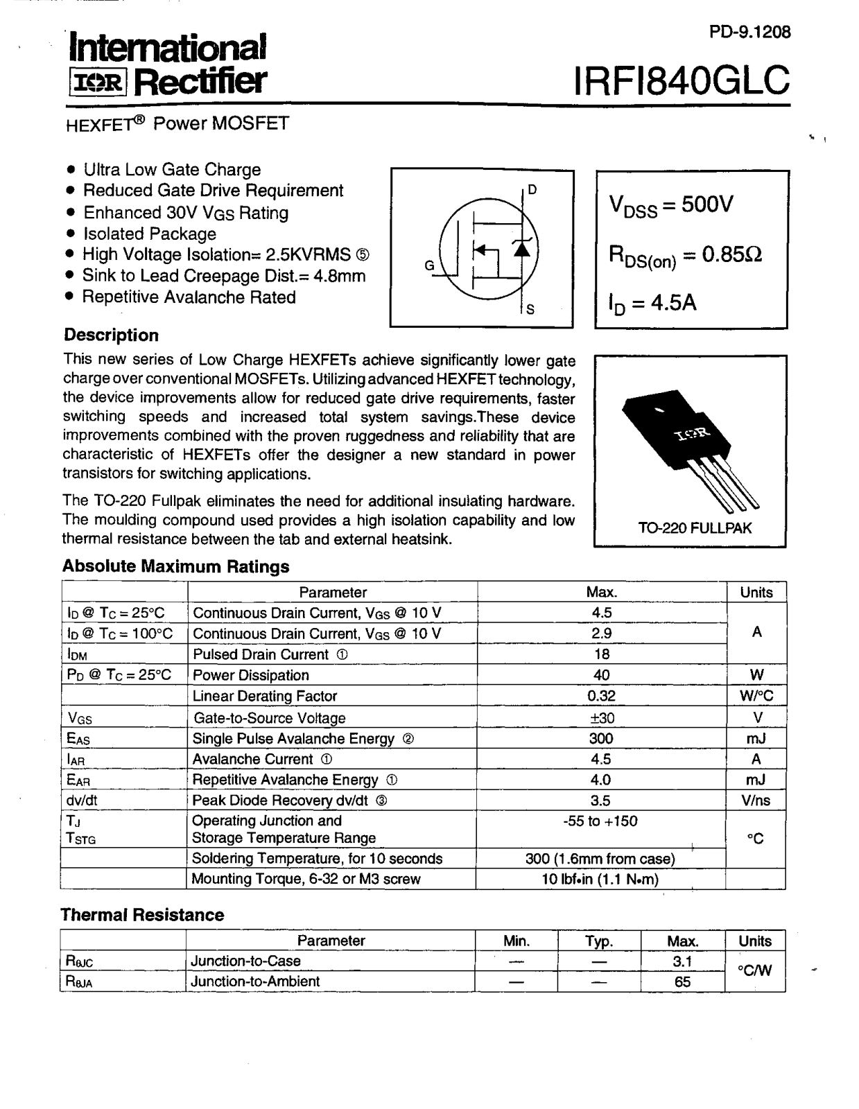 International Rectifier IRFI840GLC Datasheet