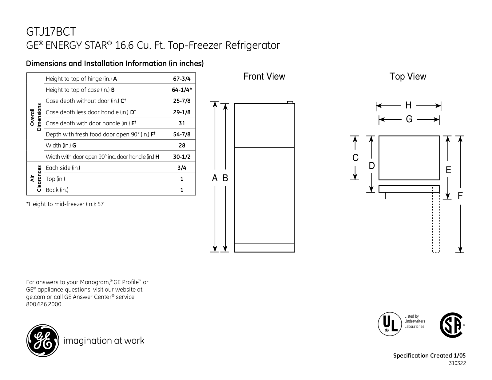 GE GTJ17BCT Specification