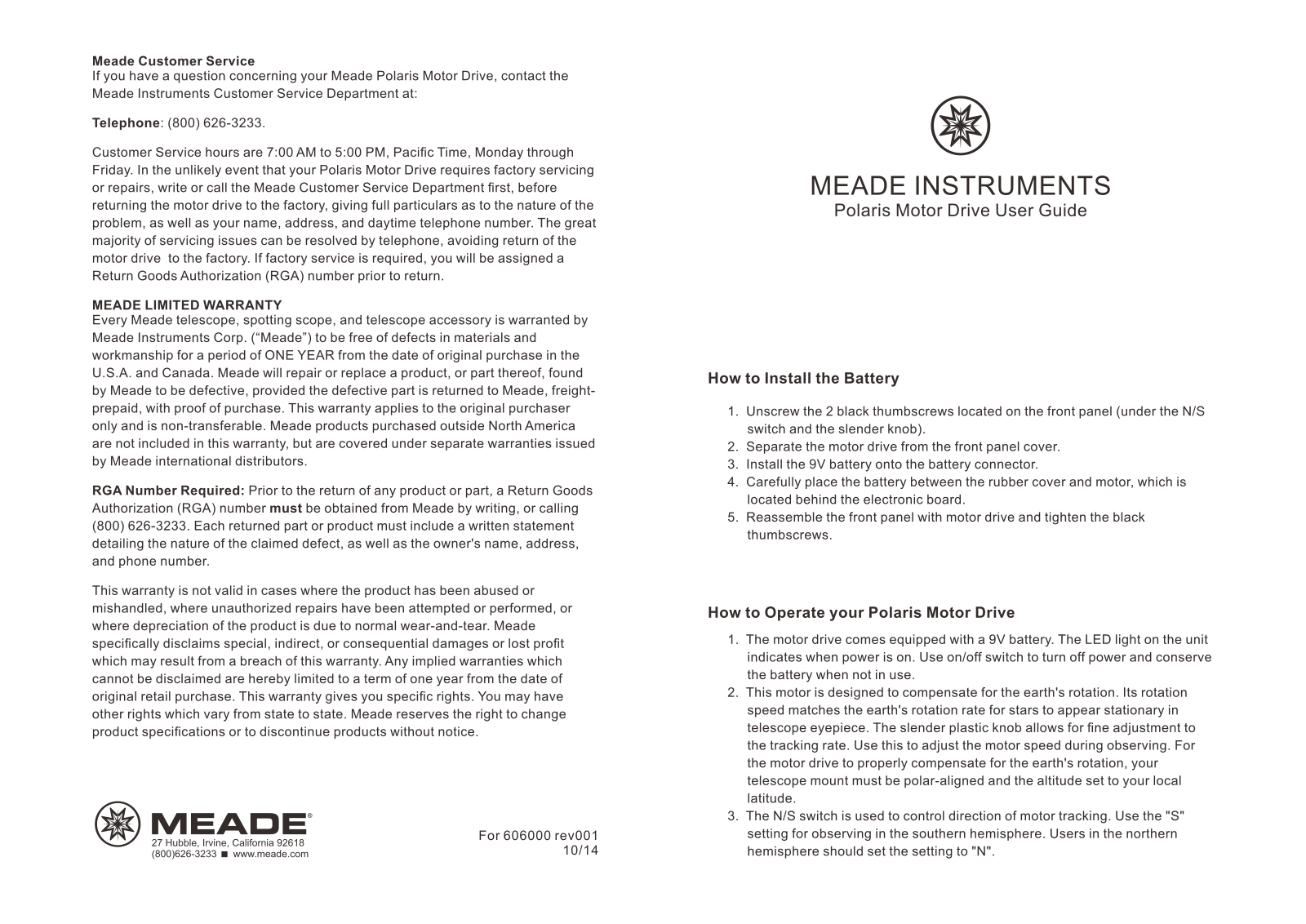 Meade Polaris Motor Drive User Guide