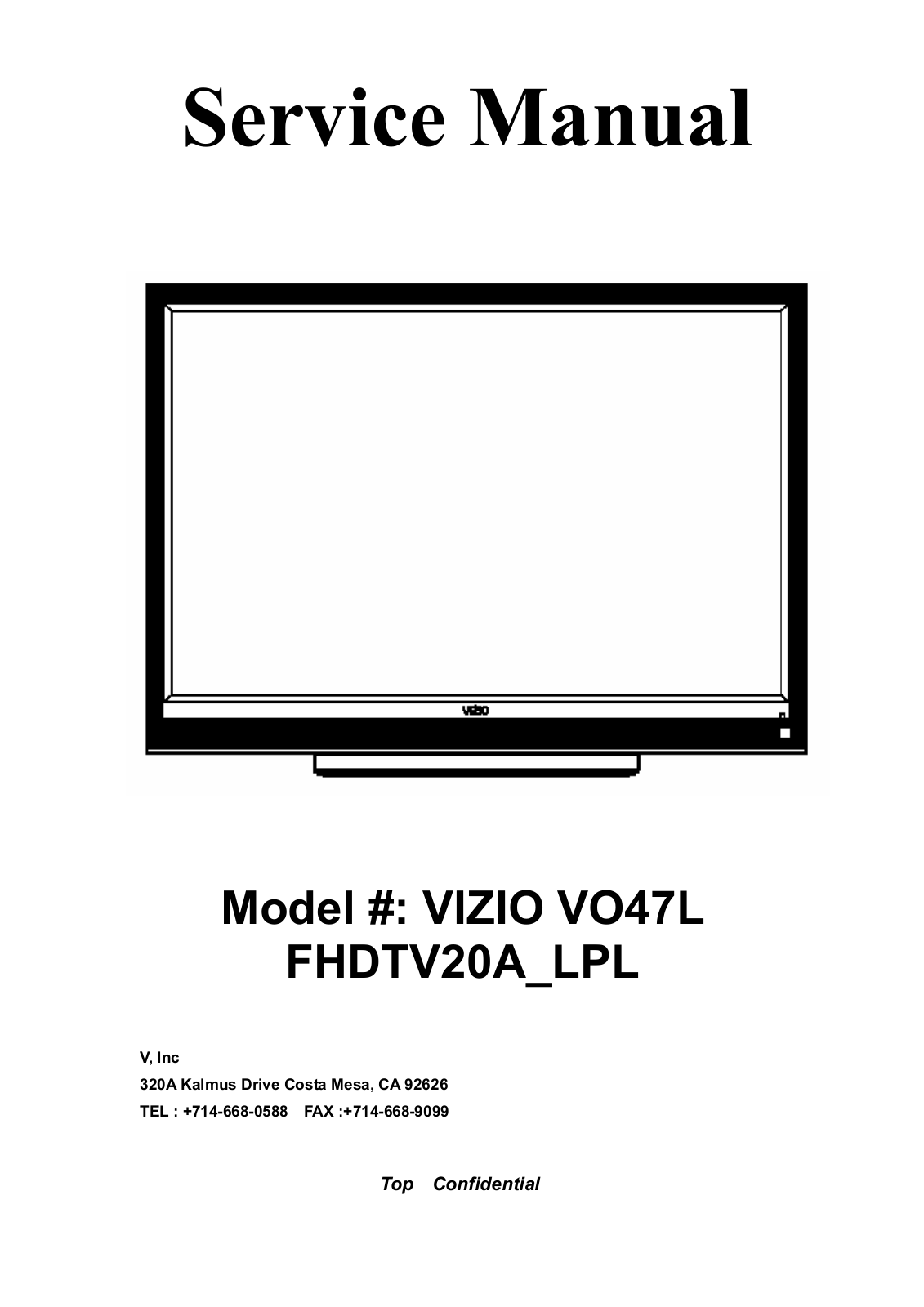 Vizio VO47LFHDTV20A Service Manual