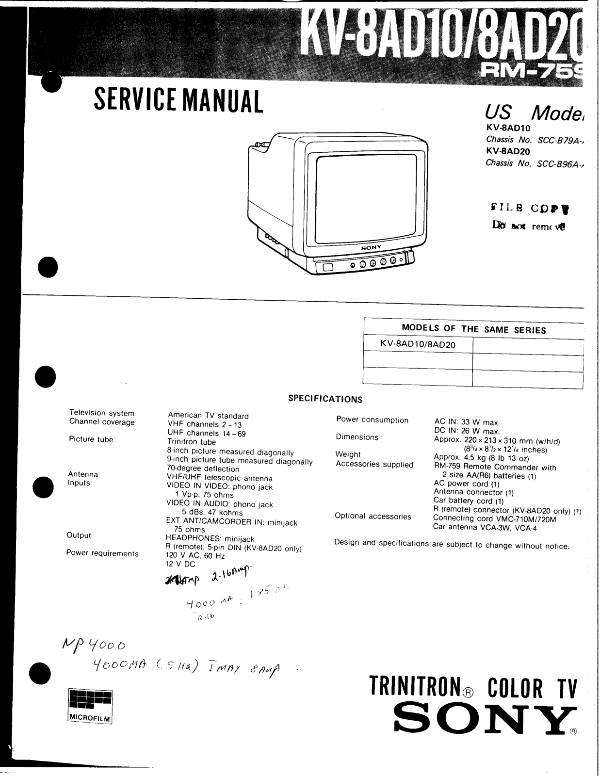 SONY KV8AD10, KV8AD20 Service Manual