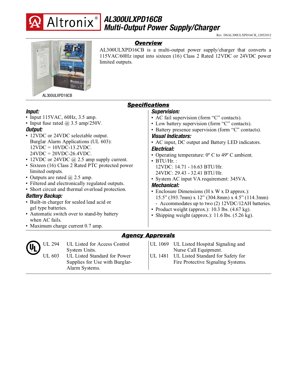 Altronix AL300ULXPD16CB Specsheet