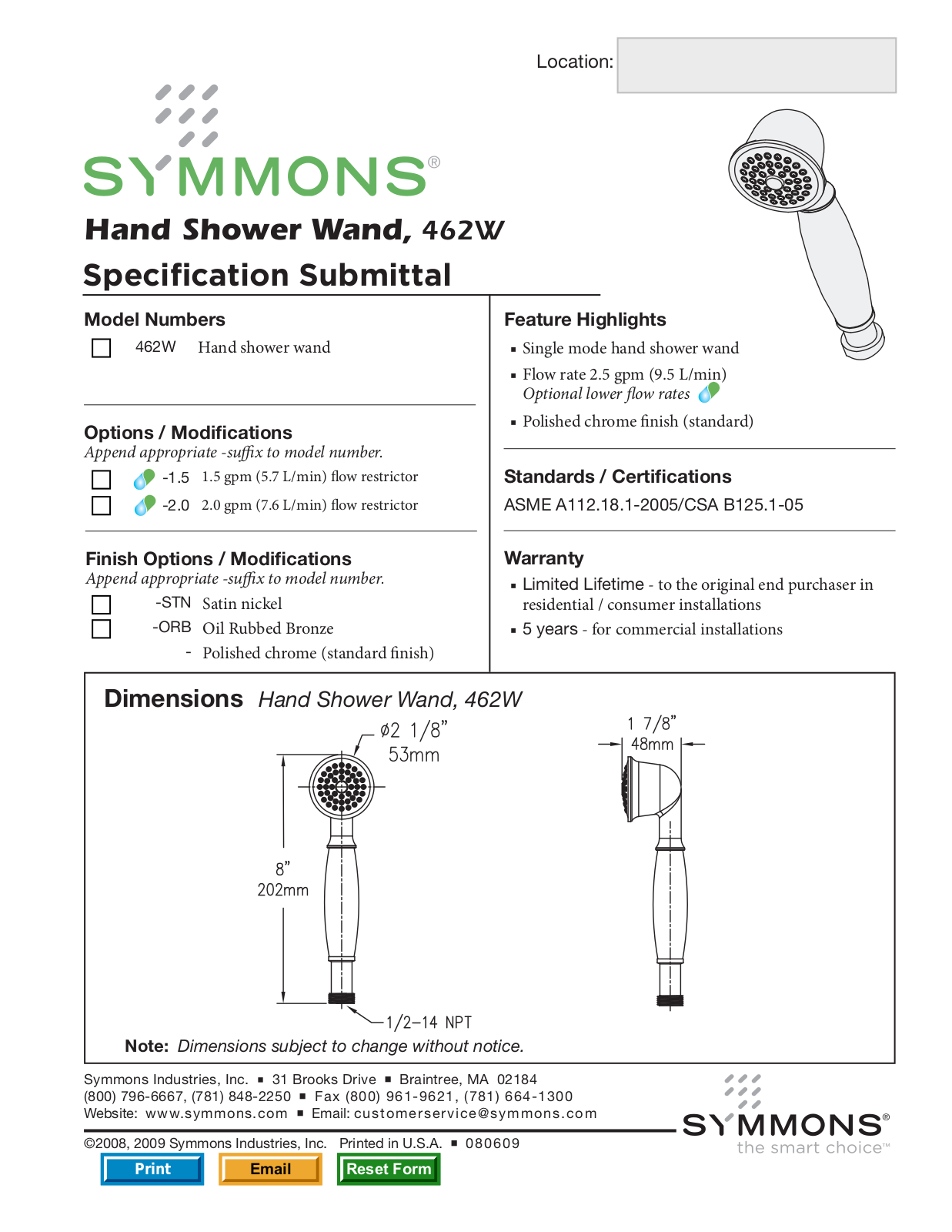 Symmons 462W User Manual