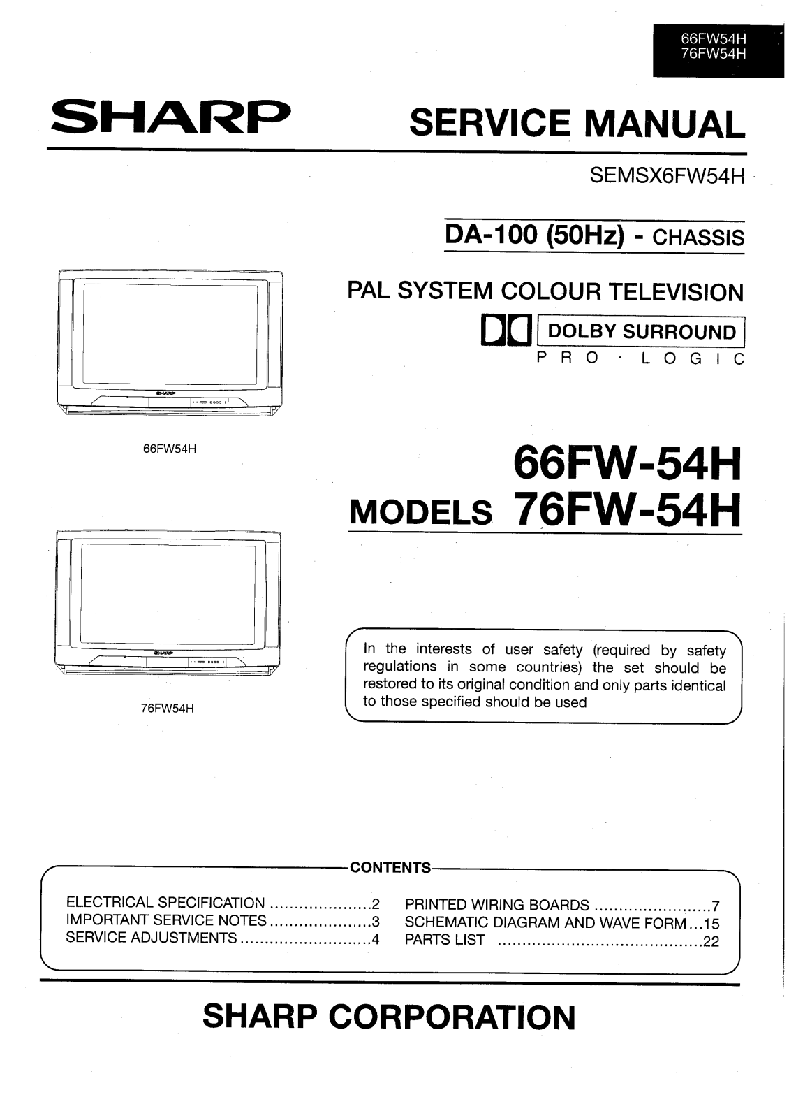 SHARP 66FW-54H, 76FW-54H User Manual