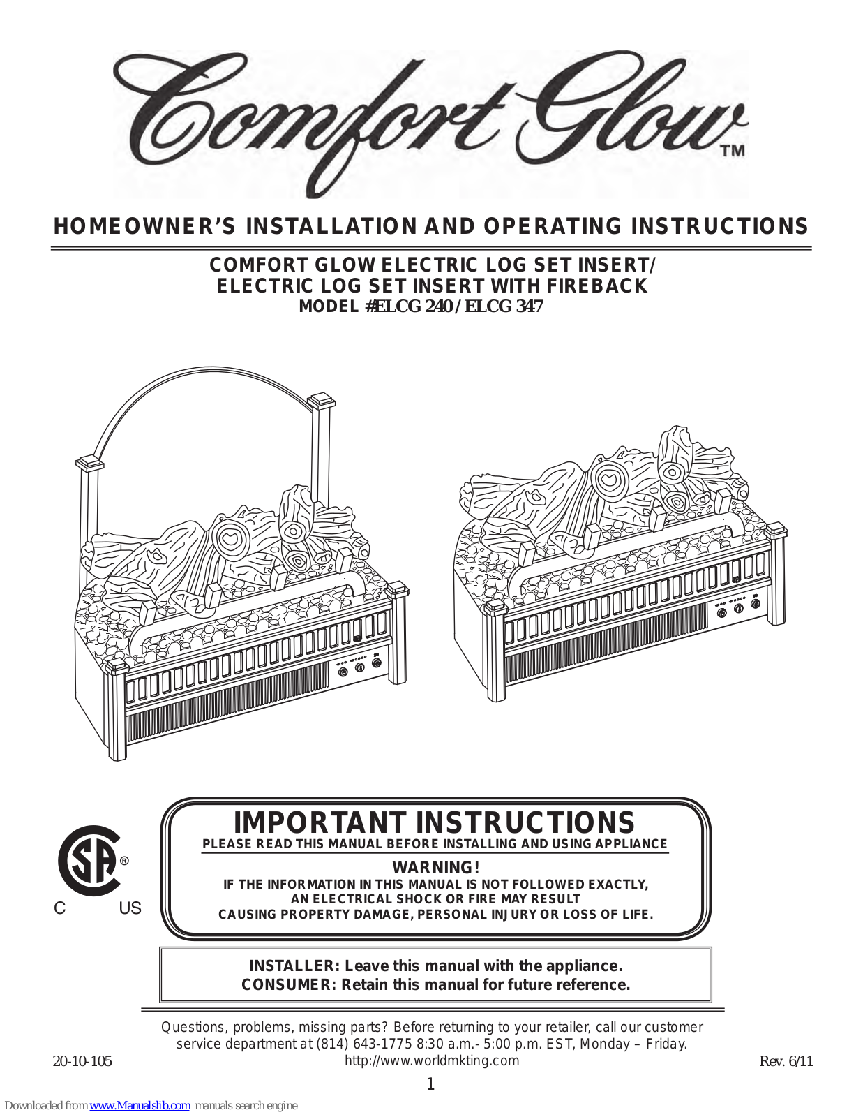 Comfort Glow ELCG 240, ELCG 347 Homeowner's Installation And Operating Instructions Manual