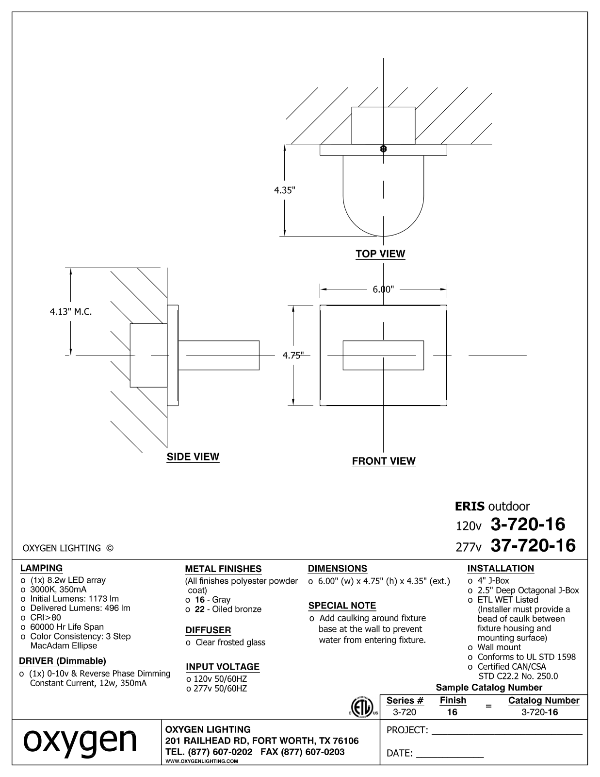 Oxygen Lighting OXGN1264 Specifications - ManualMachine.com