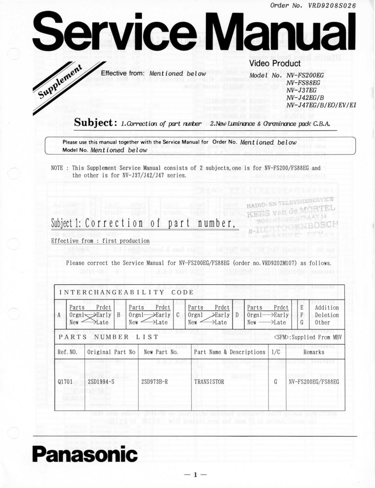 Panasonic NV-J47 Repair Info