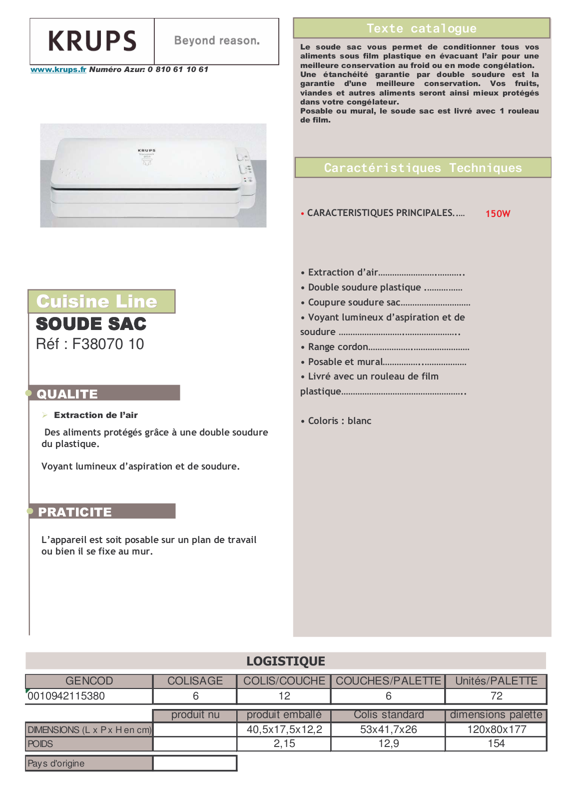 Krups F3807010 product sheet