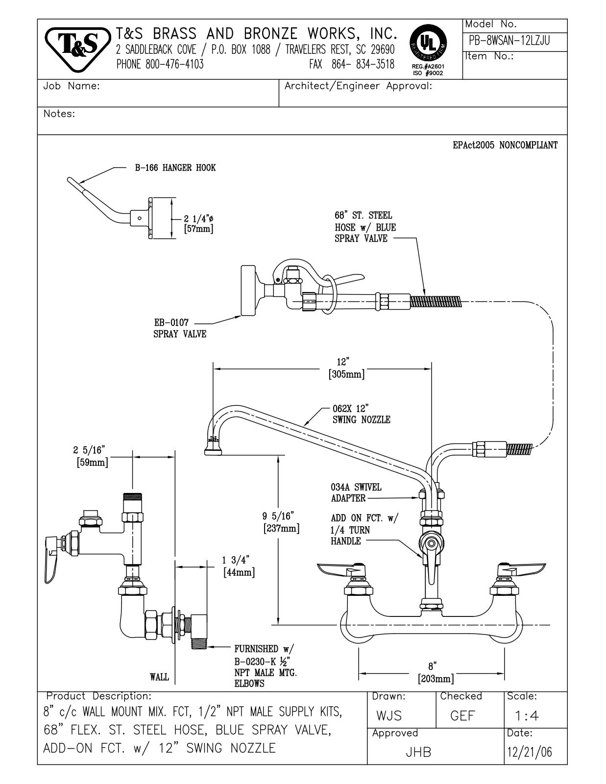 T&S Brass PB-8WSAN-12LZJU User Manual