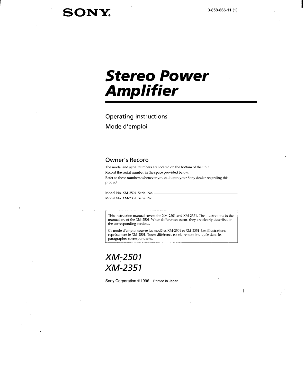 Sony XM-2501 User Manual