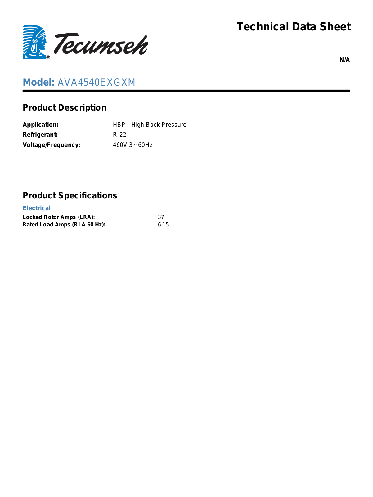 Tecumseh AVA4540EXGXM Technical Data Sheet