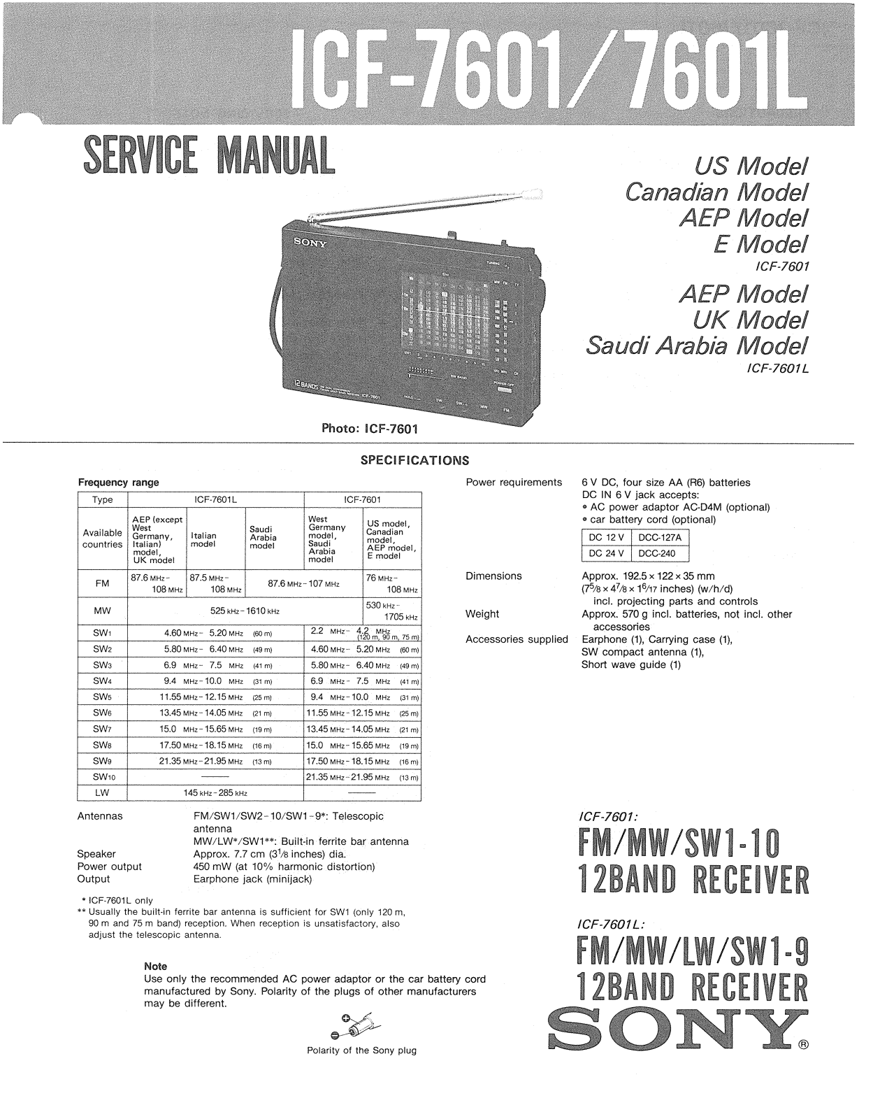 Sony ICF-7601-L Service manual