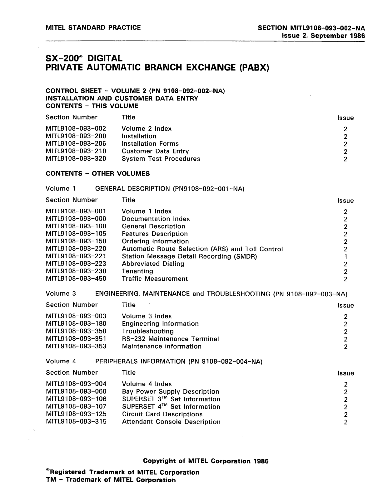 Mitel SX-200D Service Manual