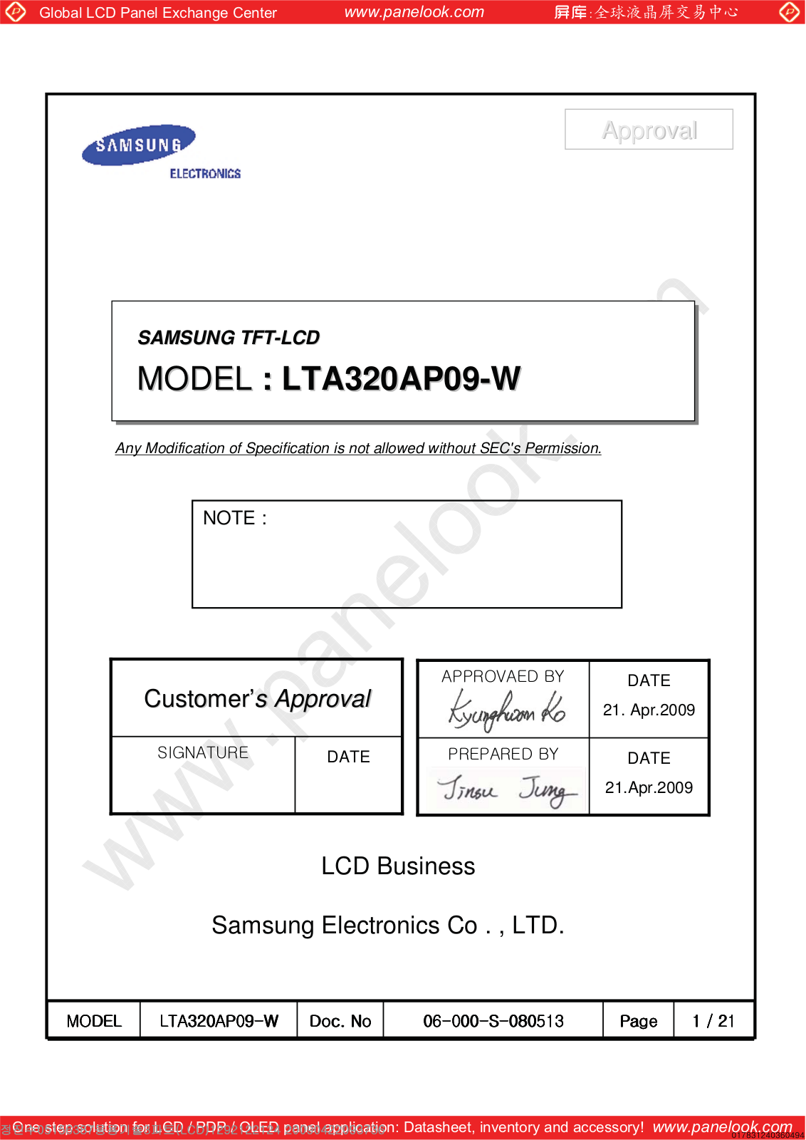 SAMSUNG LTA320AP09 Specification